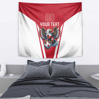 Red and white eagle mascot tapestry with “YOUR TEXT” at the top and soccer graphic below