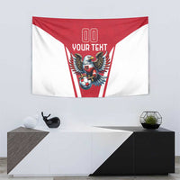 Red and white wall hanging tapestry featuring an eagle mascot holding a soccer ball