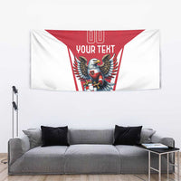 Red and white football tapestry with eagle mascot, “YOUR TEXT” lettering, and geometric stripes