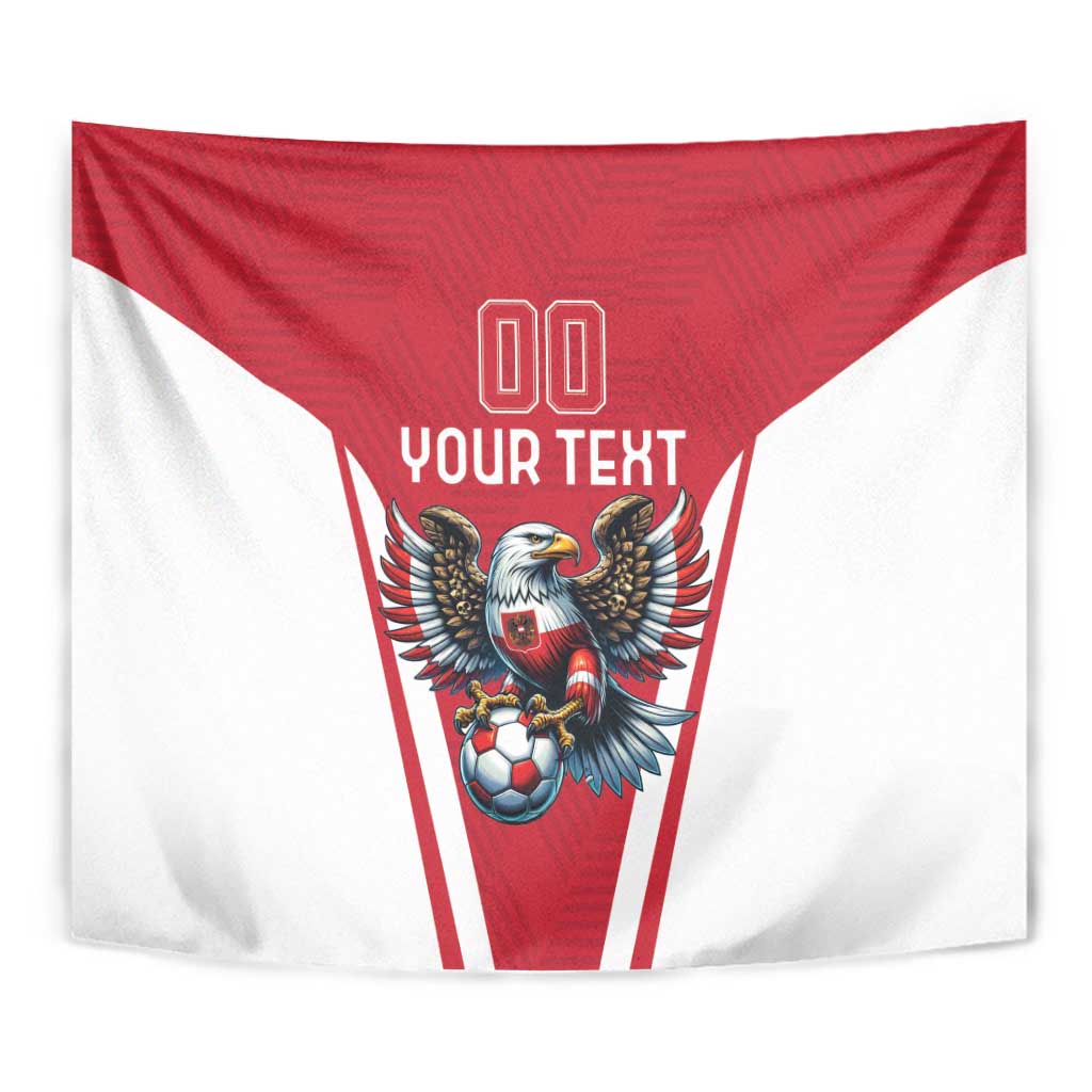 Close-up view of red and white tapestry showing eagle mascot and “YOUR TEXT” label