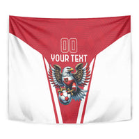 Close-up view of red and white tapestry showing eagle mascot and “YOUR TEXT” label