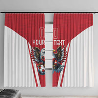 Pair of red and white hanging curtains with eagle mascot and soccer ball artwork