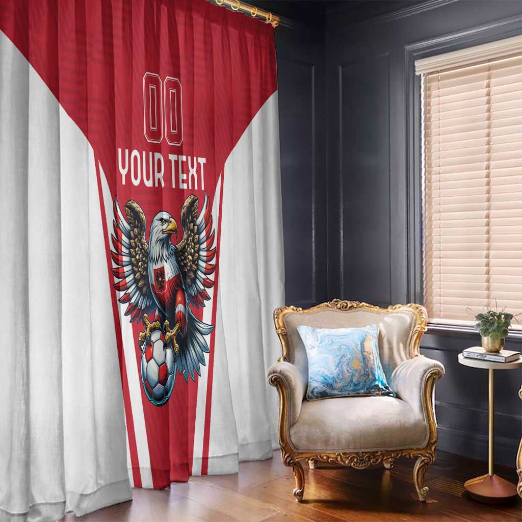 Red and white football window curtain with eagle and soccer ball graphic