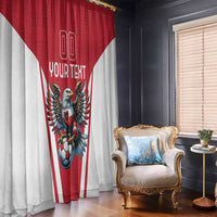 Red and white football window curtain with eagle and soccer ball graphic