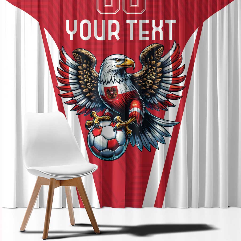 Red and white soccer window curtain with central eagle and soccer ball graphic