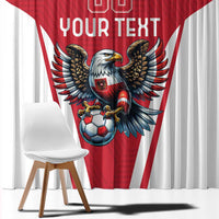 Red and white soccer window curtain with central eagle and soccer ball graphic