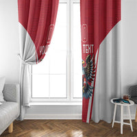 Red and white side-hung window curtain panels with eagle and soccer ball design