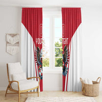 Red and white window curtains with eagle mascot and soccer ball print, full-length
