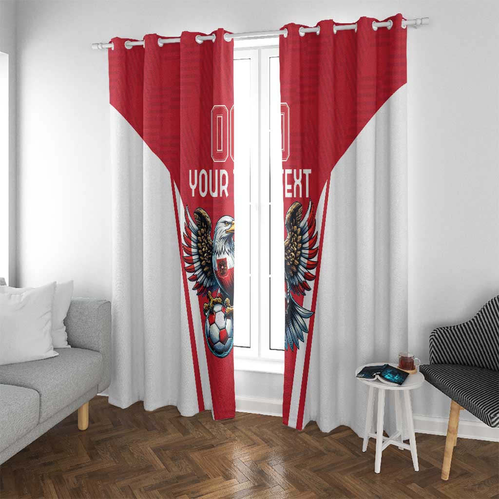 Red and white hanging window curtains with eagle mascot and soccer ball, ring top