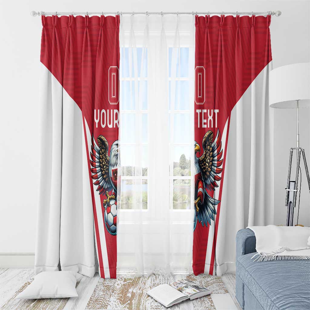 Red and white window curtain set with eagle mascot and soccer ball print, two panels