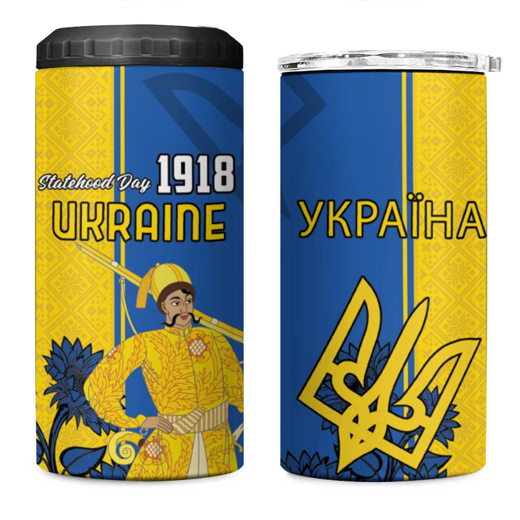 Ukraine Statehood Day 1918 4 in 1 Can Cooler Tumbler Coat Of Arms With Ukrainian Folk Pattern