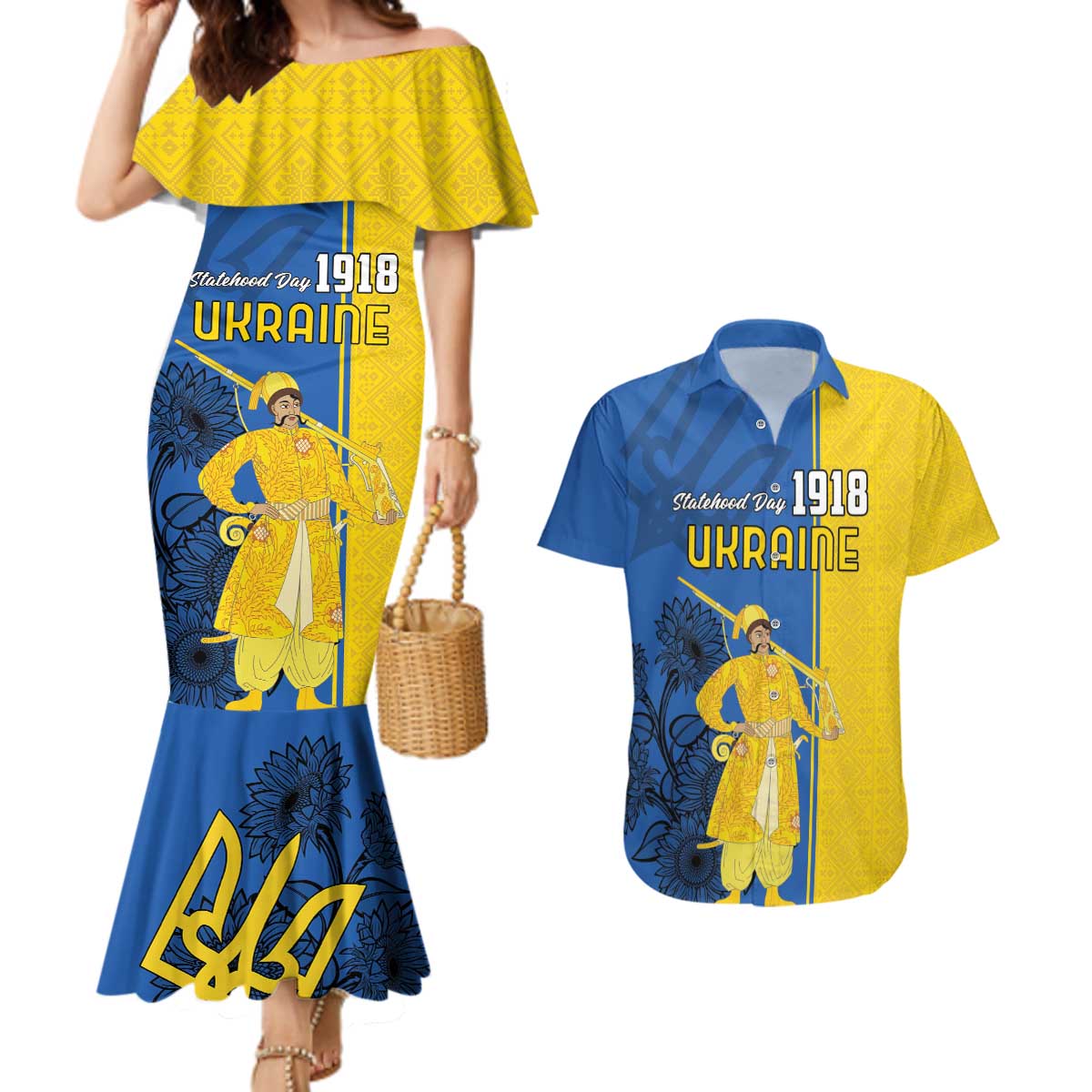 Ukraine Statehood Day 1918 Couples Matching Mermaid Dress and Hawaiian Shirt Coat Of Arms With Ukrainian Folk Pattern