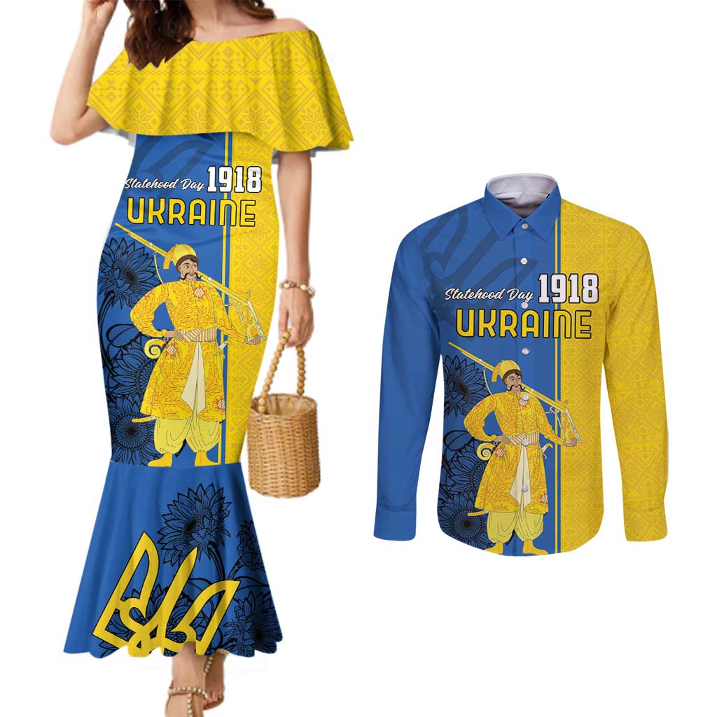 Ukraine Statehood Day 1918 Couples Matching Mermaid Dress and Long Sleeve Button Shirt Coat Of Arms With Ukrainian Folk Pattern