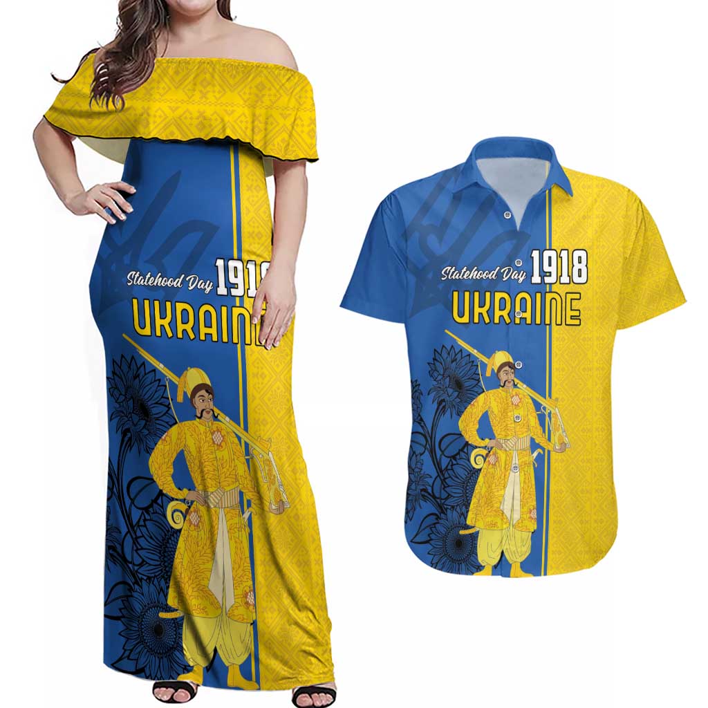 Ukraine Statehood Day 1918 Couples Matching Off Shoulder Maxi Dress and Hawaiian Shirt Coat Of Arms With Ukrainian Folk Pattern