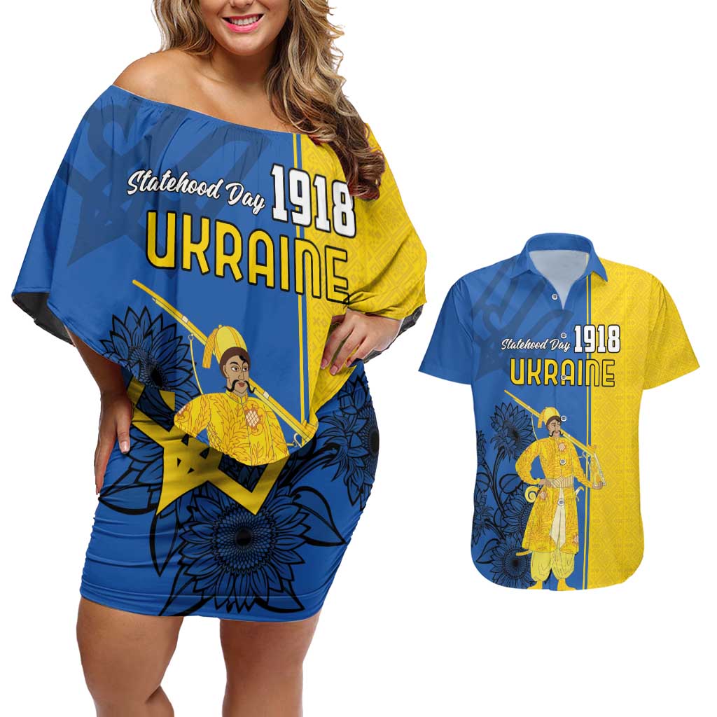 Ukraine Statehood Day 1918 Couples Matching Off Shoulder Short Dress and Hawaiian Shirt Coat Of Arms With Ukrainian Folk Pattern