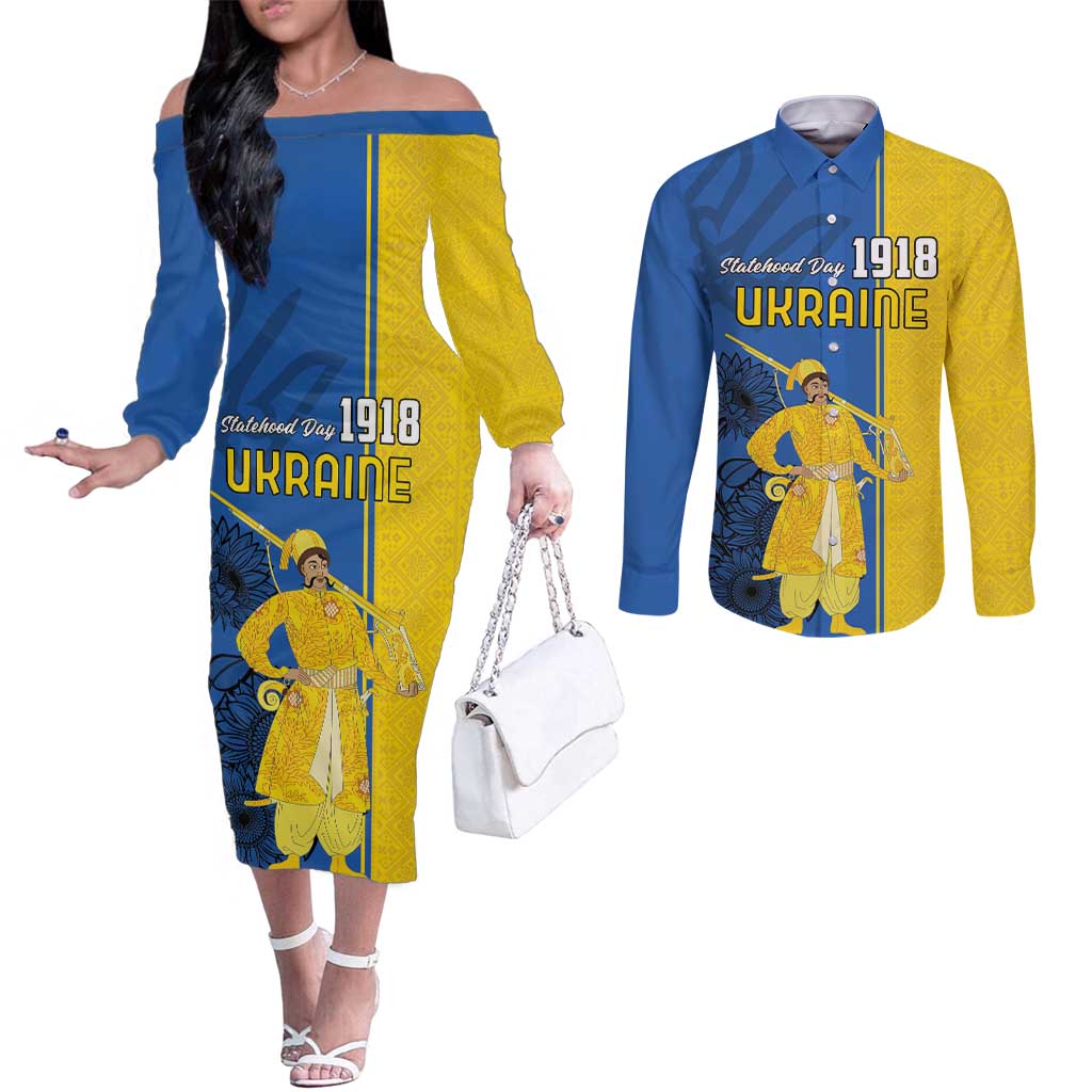 Ukraine Statehood Day 1918 Couples Matching Off The Shoulder Long Sleeve Dress and Long Sleeve Button Shirt Coat Of Arms With Ukrainian Folk Pattern