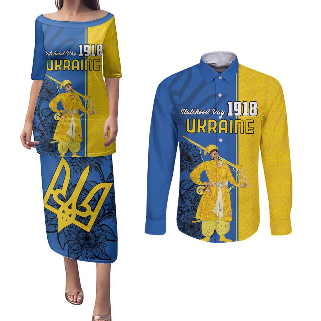 Ukraine Statehood Day 1918 Couples Matching Puletasi and Long Sleeve Button Shirt Coat Of Arms With Ukrainian Folk Pattern