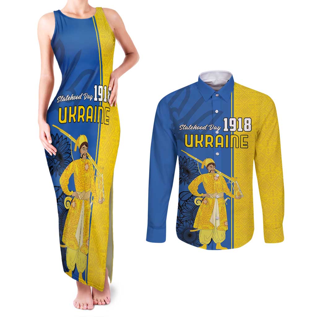 Ukraine Statehood Day 1918 Couples Matching Tank Maxi Dress and Long Sleeve Button Shirt Coat Of Arms With Ukrainian Folk Pattern