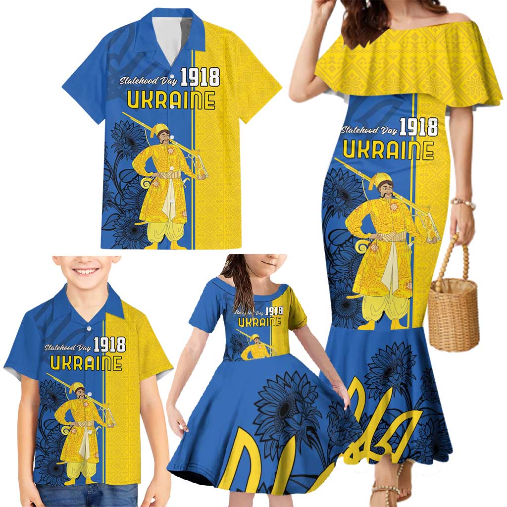 Ukraine Statehood Day 1918 Family Matching Mermaid Dress and Hawaiian Shirt Coat Of Arms With Ukrainian Folk Pattern