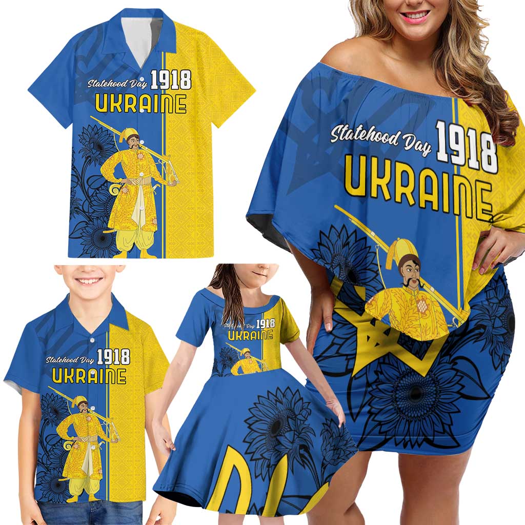 Ukraine Statehood Day 1918 Family Matching Off Shoulder Short Dress and Hawaiian Shirt Coat Of Arms With Ukrainian Folk Pattern