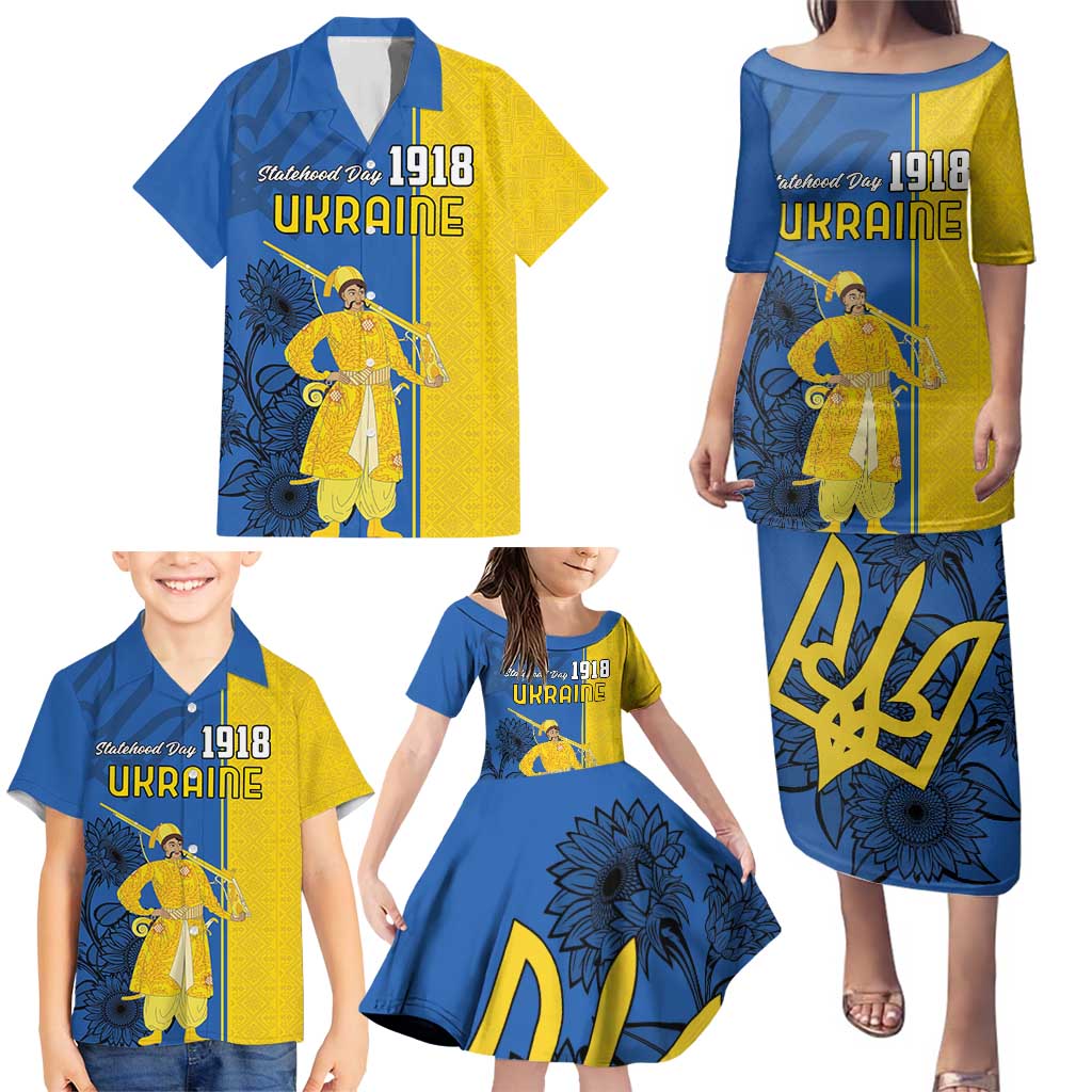 Ukraine Statehood Day 1918 Family Matching Puletasi and Hawaiian Shirt Coat Of Arms With Ukrainian Folk Pattern