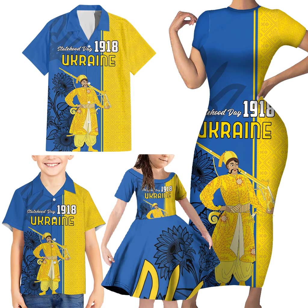 Ukraine Statehood Day 1918 Family Matching Short Sleeve Bodycon Dress and Hawaiian Shirt Coat Of Arms With Ukrainian Folk Pattern