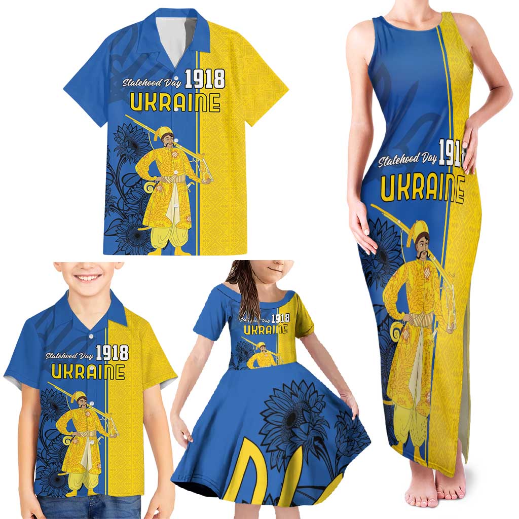 Ukraine Statehood Day 1918 Family Matching Tank Maxi Dress and Hawaiian Shirt Coat Of Arms With Ukrainian Folk Pattern