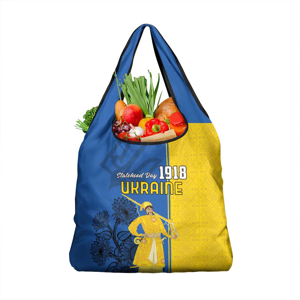 Ukraine Statehood Day 1918 Grocery Bag Coat Of Arms With Ukrainian Folk Pattern