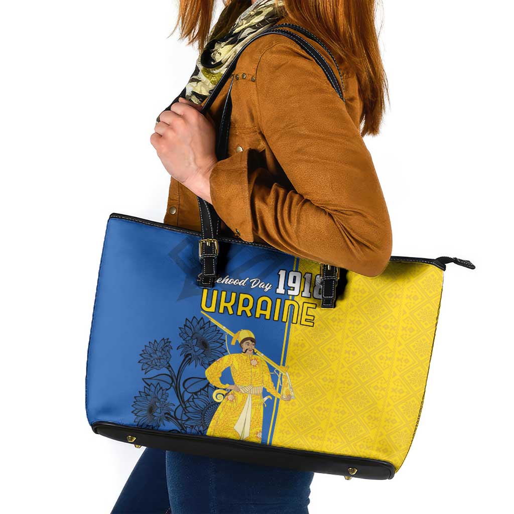 Ukraine Statehood Day 1918 Leather Tote Bag Coat Of Arms With Ukrainian Folk Pattern