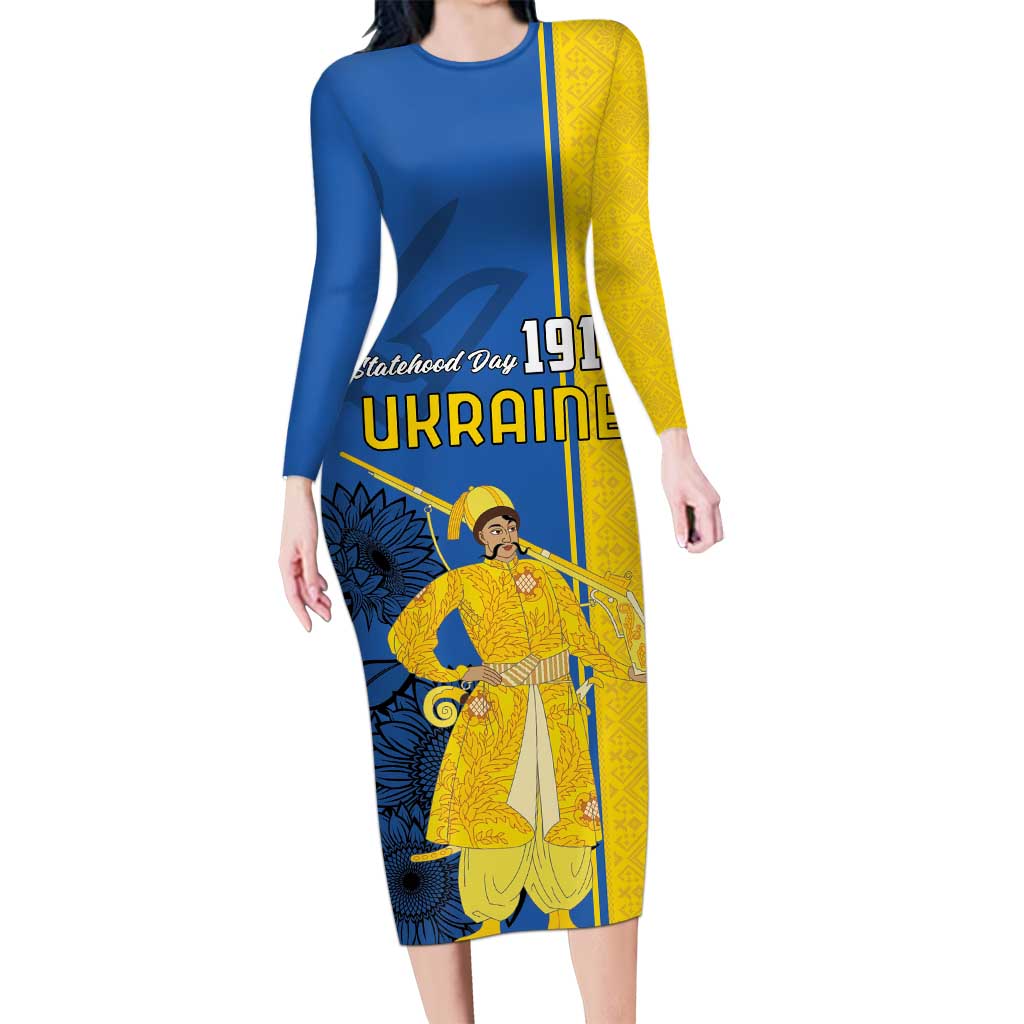 Ukraine Statehood Day 1918 Long Sleeve Bodycon Dress Coat Of Arms With Ukrainian Folk Pattern