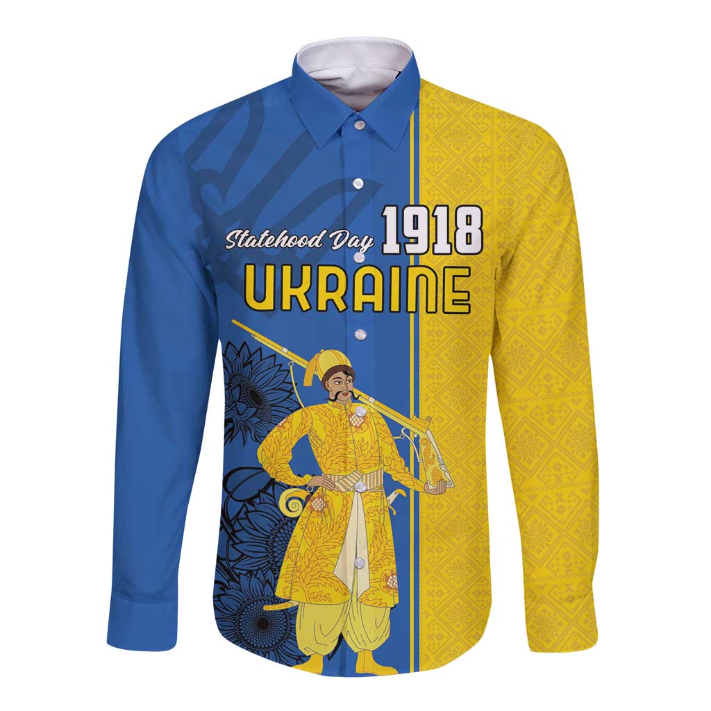 Ukraine Statehood Day 1918 Long Sleeve Button Shirt Coat Of Arms With Ukrainian Folk Pattern