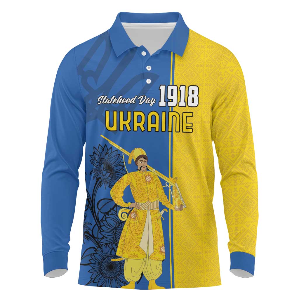 Ukraine Statehood Day 1918 Long Sleeve Polo Shirt Coat Of Arms With Ukrainian Folk Pattern