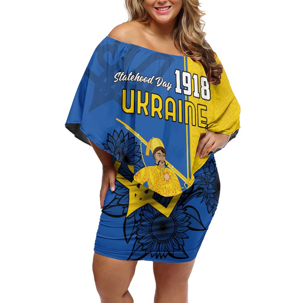 Ukraine Statehood Day 1918 Off Shoulder Short Dress Coat Of Arms With Ukrainian Folk Pattern