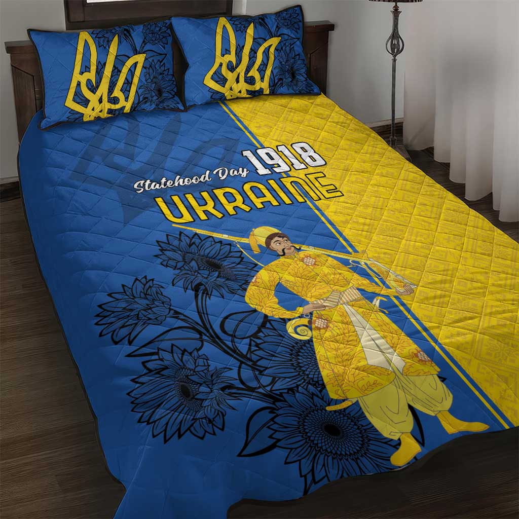 Ukraine Statehood Day 1918 Quilt Bed Set Coat Of Arms With Ukrainian Folk Pattern