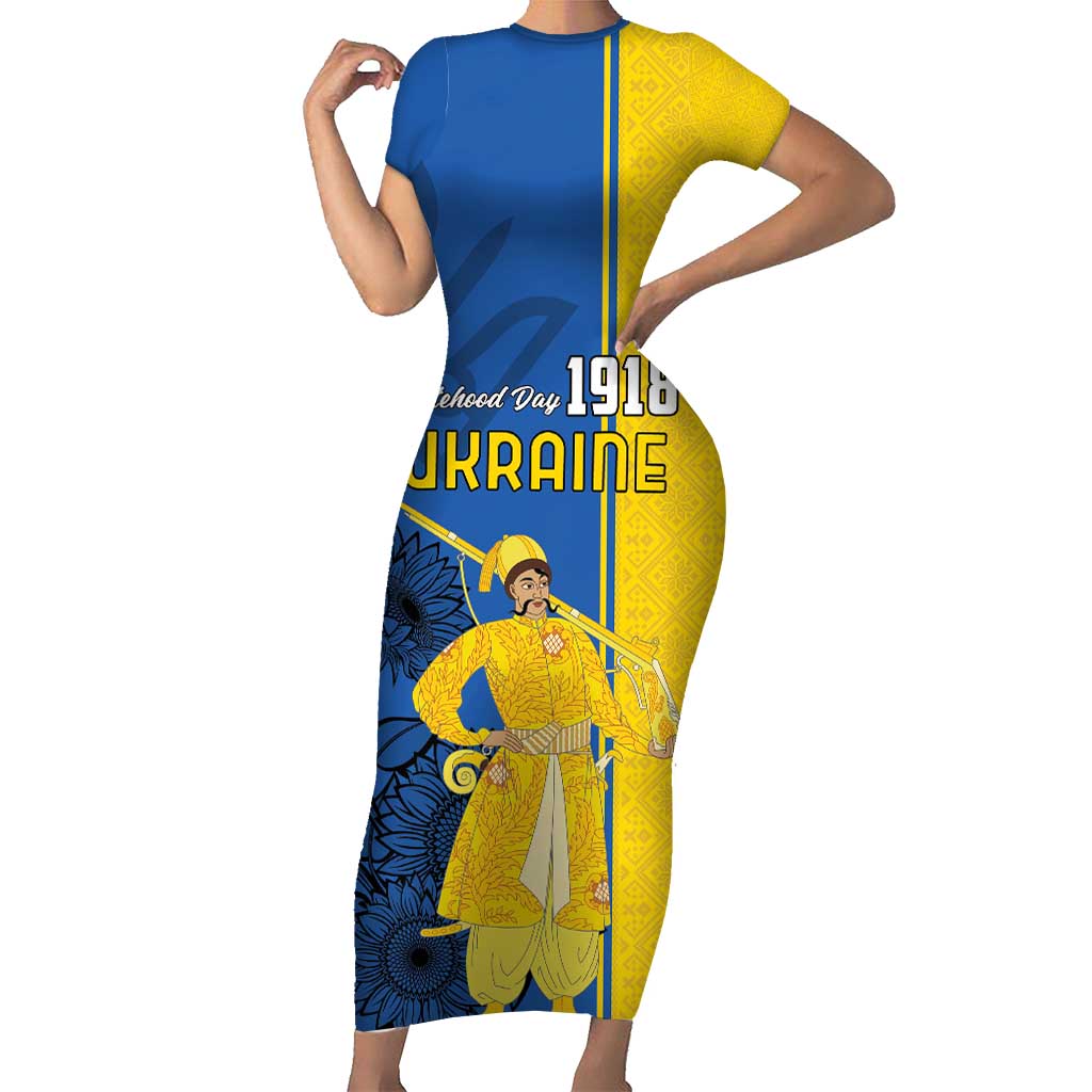 Ukraine Statehood Day 1918 Short Sleeve Bodycon Dress Coat Of Arms With Ukrainian Folk Pattern