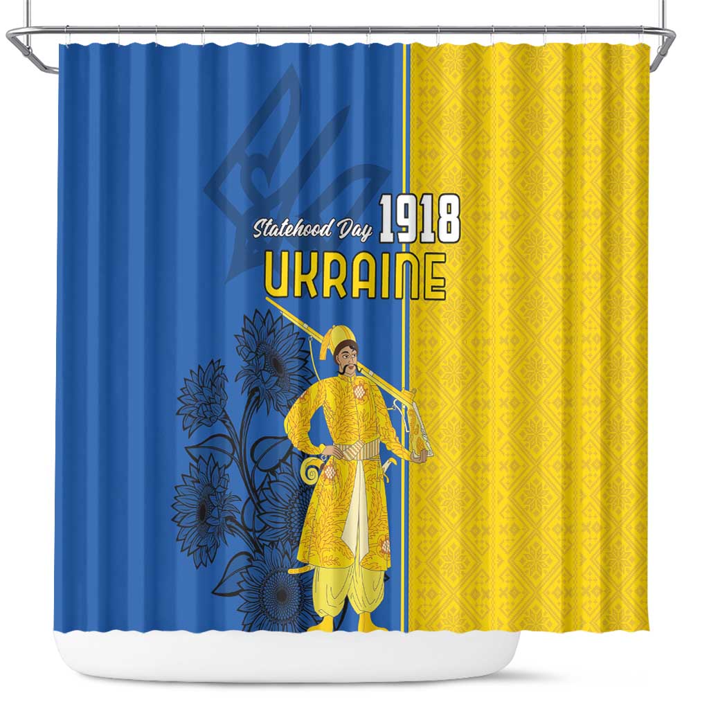 Ukraine Statehood Day 1918 Shower Curtain Coat Of Arms With Ukrainian Folk Pattern