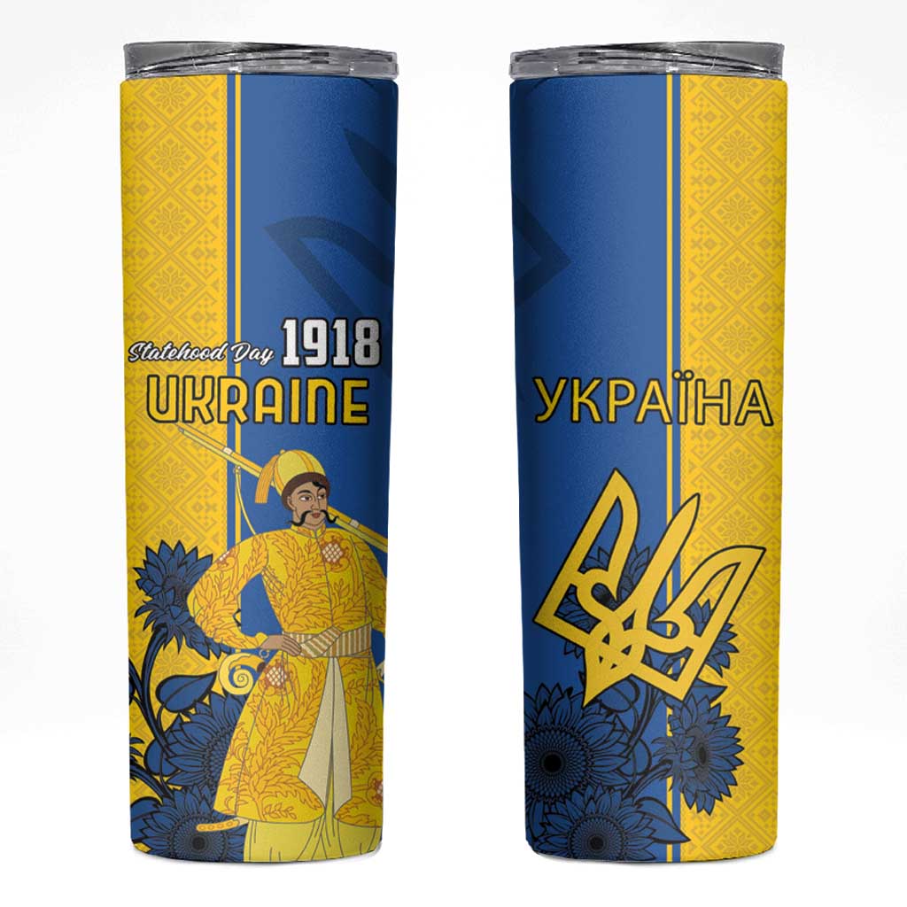 Ukraine Statehood Day 1918 Skinny Tumbler Coat Of Arms With Ukrainian Folk Pattern