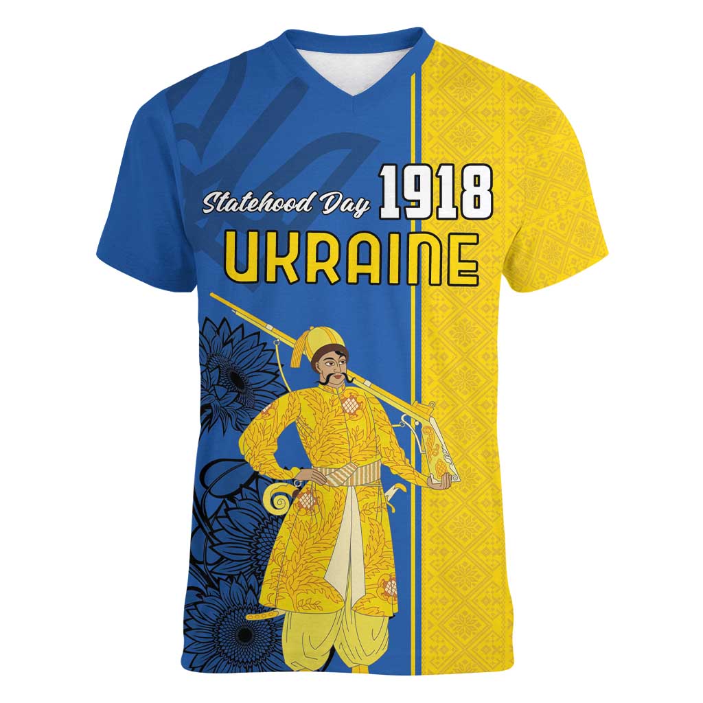 Ukraine Statehood Day 1918 Women V-Neck T-Shirt Coat Of Arms With Ukrainian Folk Pattern