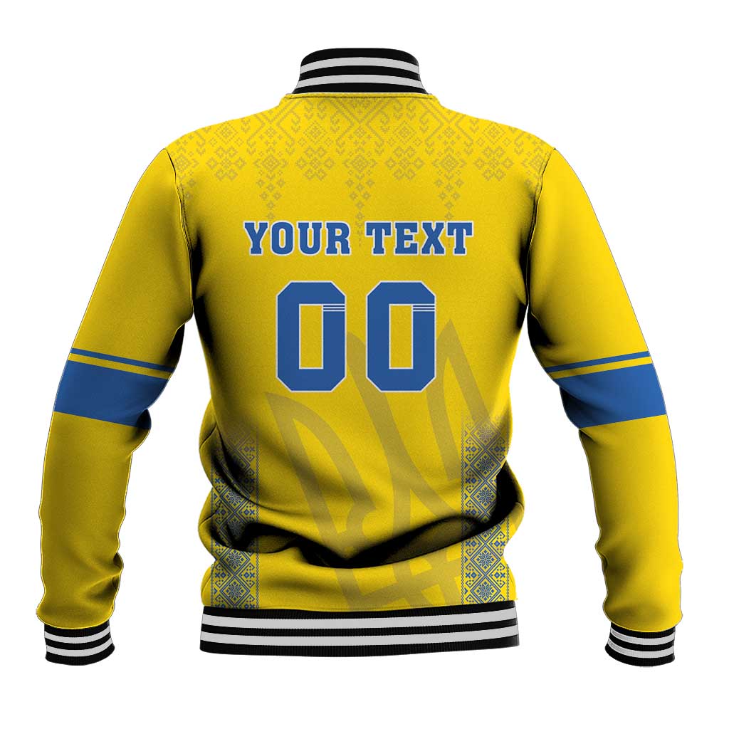Yellow baseball jacket back with blue 'YOUR TEXT 00' and striped ribbed collar