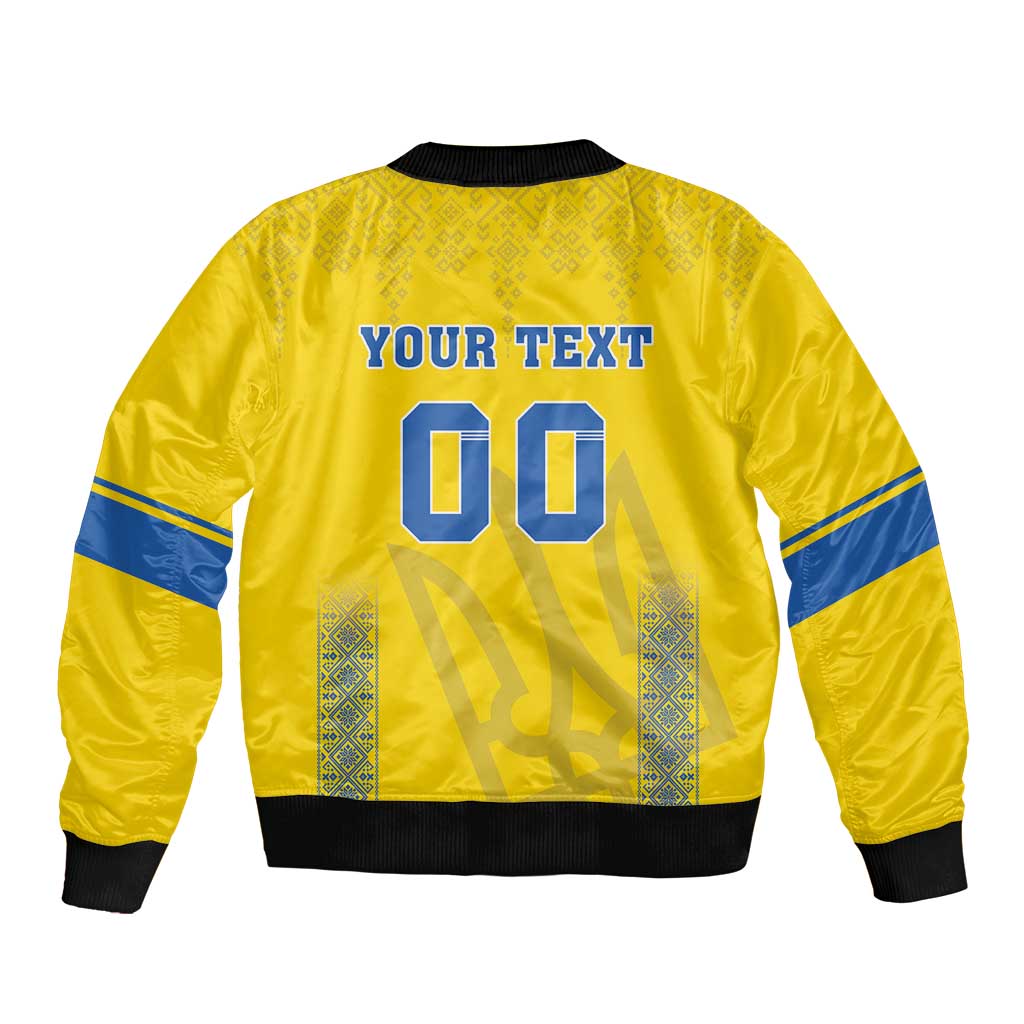 Yellow bomber jacket with 'YOUR TEXT' and '00' back print, blue sleeve stripes