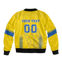 Yellow bomber jacket with 'YOUR TEXT' and '00' back print, blue sleeve stripes