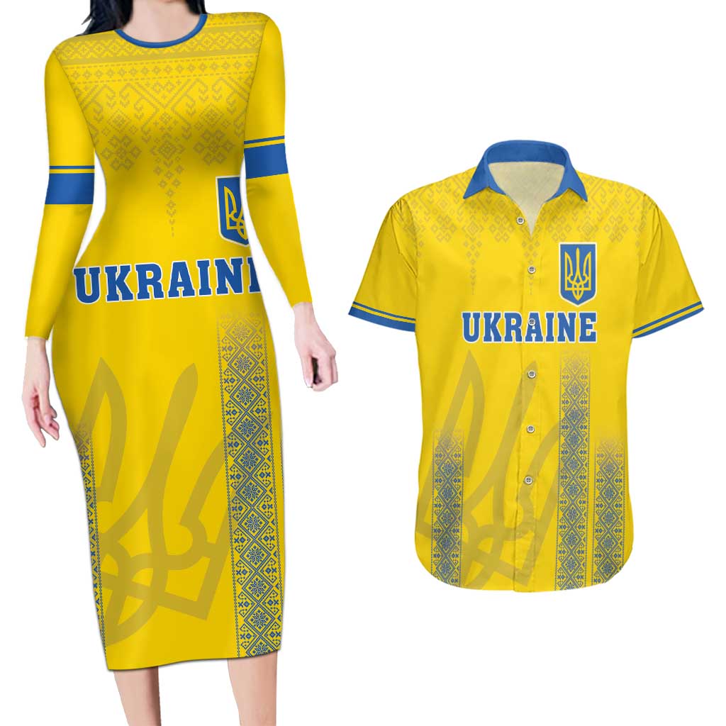 Custom Ukraine Football Couples Matching Long Sleeve Bodycon Dress and Hawaiian Shirt Come On Zbirna Yellow Version