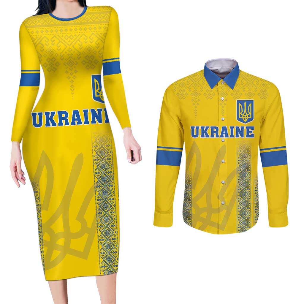 Custom Ukraine Football Couples Matching Long Sleeve Bodycon Dress and Long Sleeve Button Shirt Come On Zbirna Yellow Version