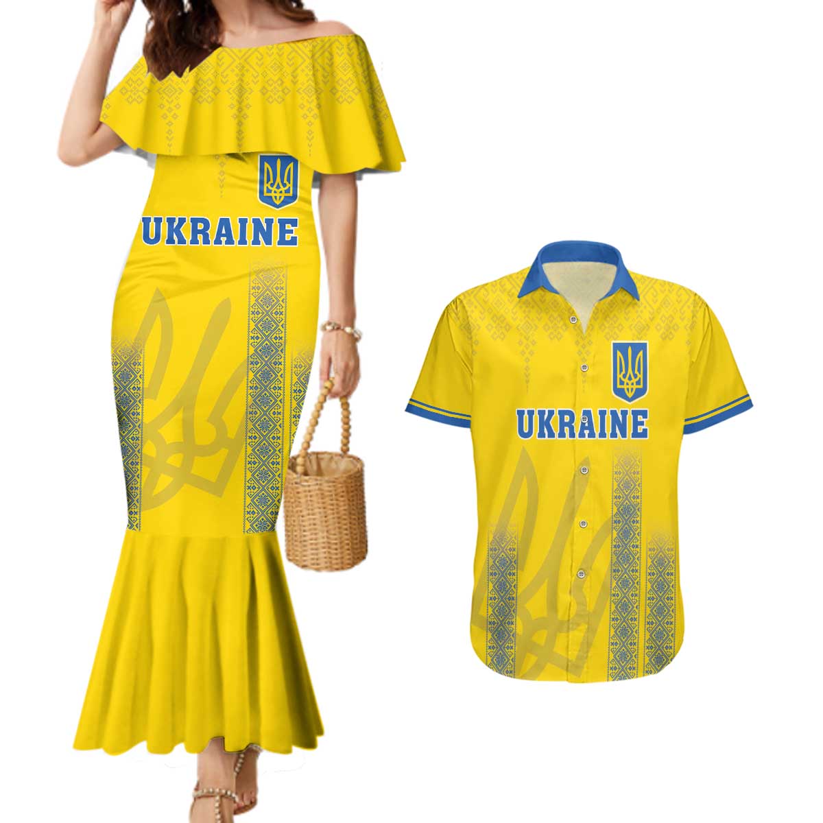 Custom Ukraine Football Couples Matching Mermaid Dress and Hawaiian Shirt Come On Zbirna Yellow Version