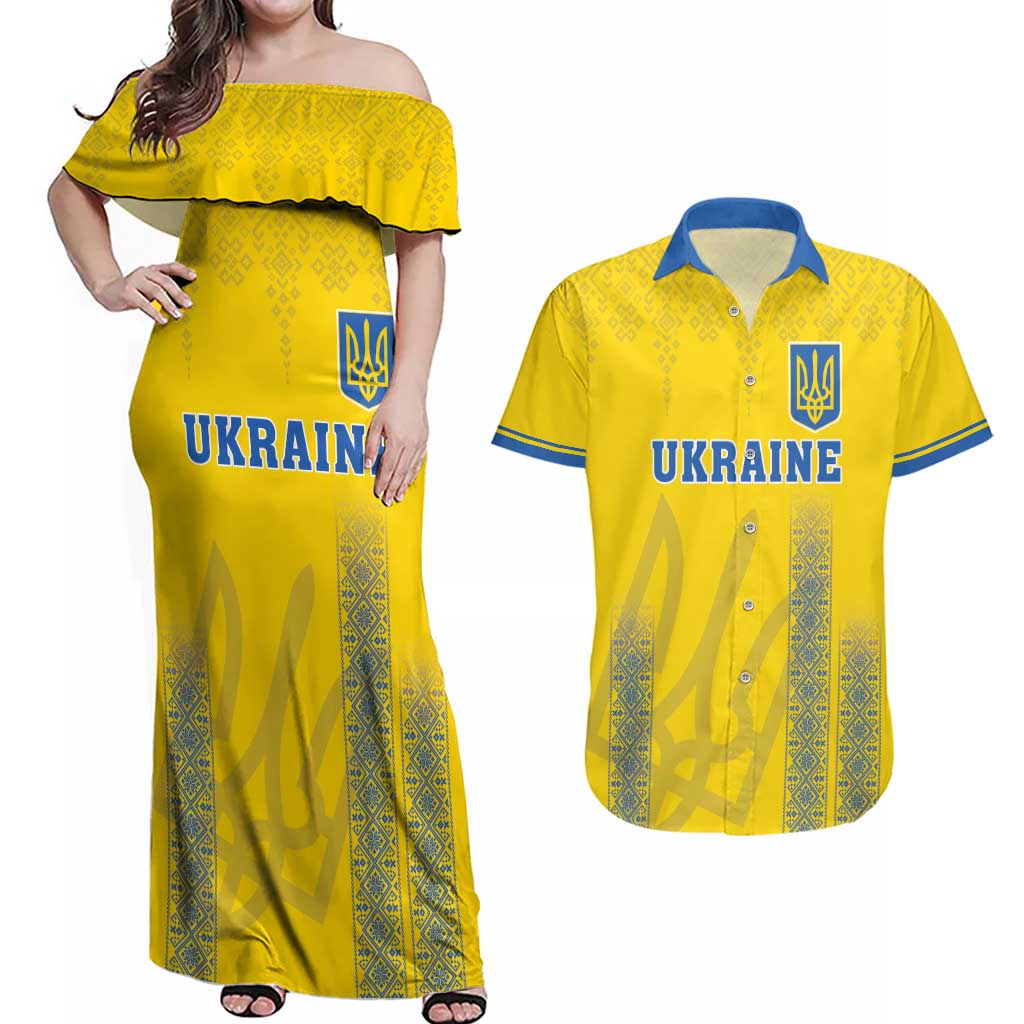 Custom Ukraine Football Couples Matching Off Shoulder Maxi Dress and Hawaiian Shirt Come On Zbirna Yellow Version