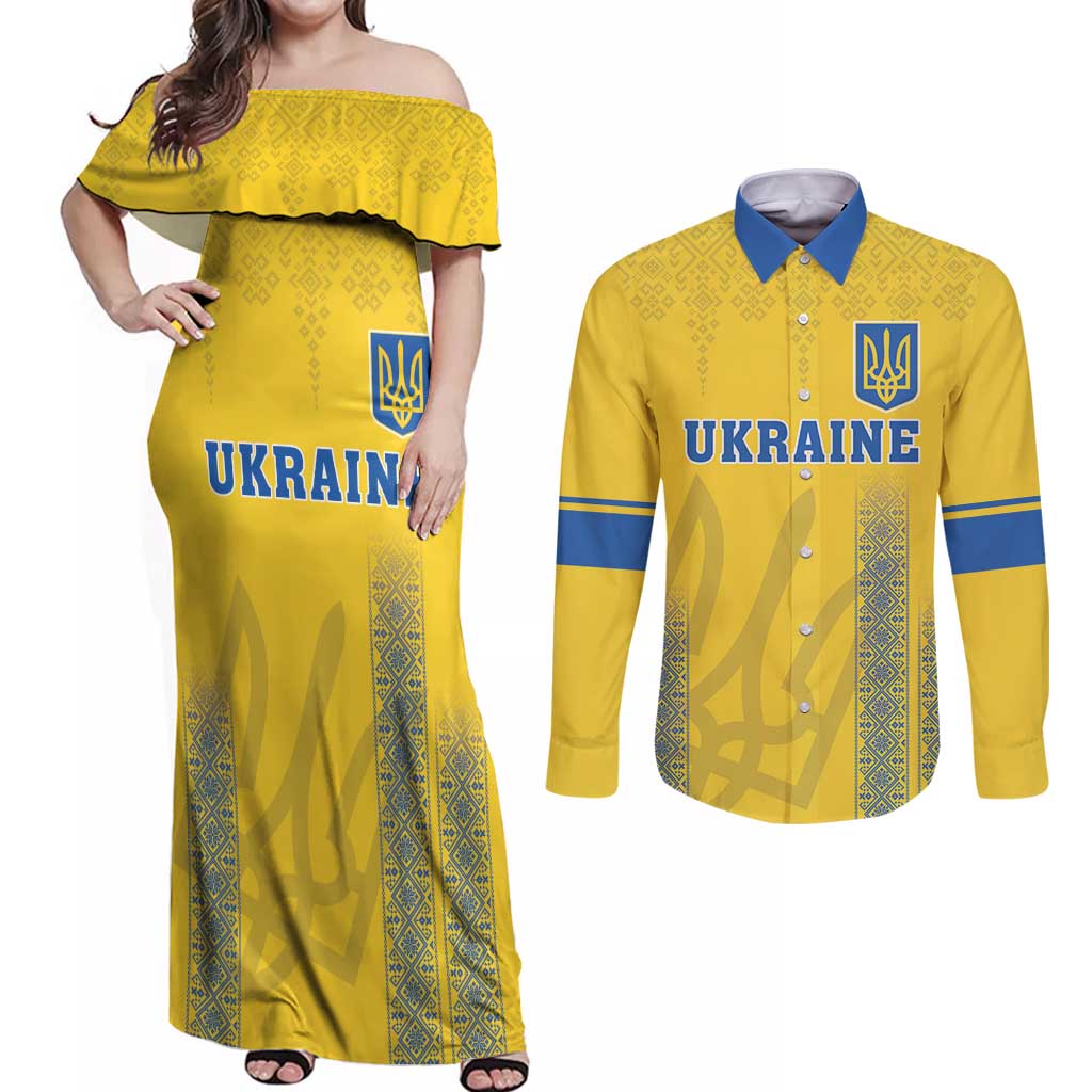 Custom Ukraine Football Couples Matching Off Shoulder Maxi Dress and Long Sleeve Button Shirt Come On Zbirna Yellow Version