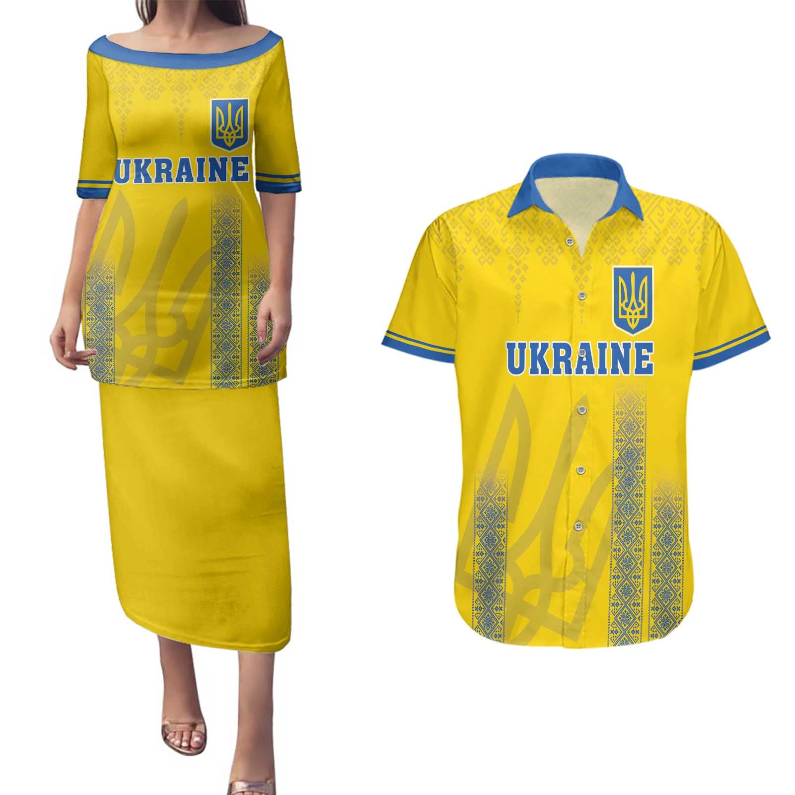 Custom Ukraine Football Couples Matching Puletasi and Hawaiian Shirt Come On Zbirna Yellow Version