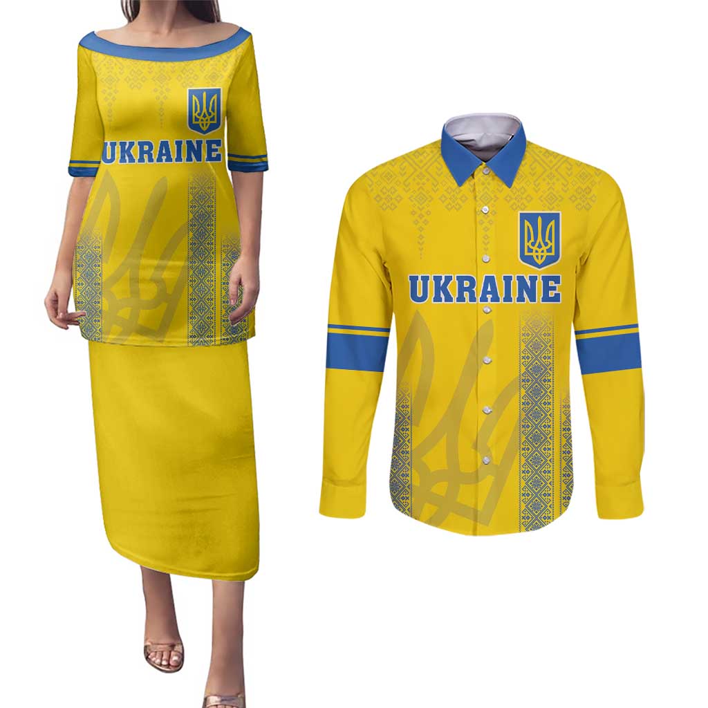 Custom Ukraine Football Couples Matching Puletasi and Long Sleeve Button Shirt Come On Zbirna Yellow Version