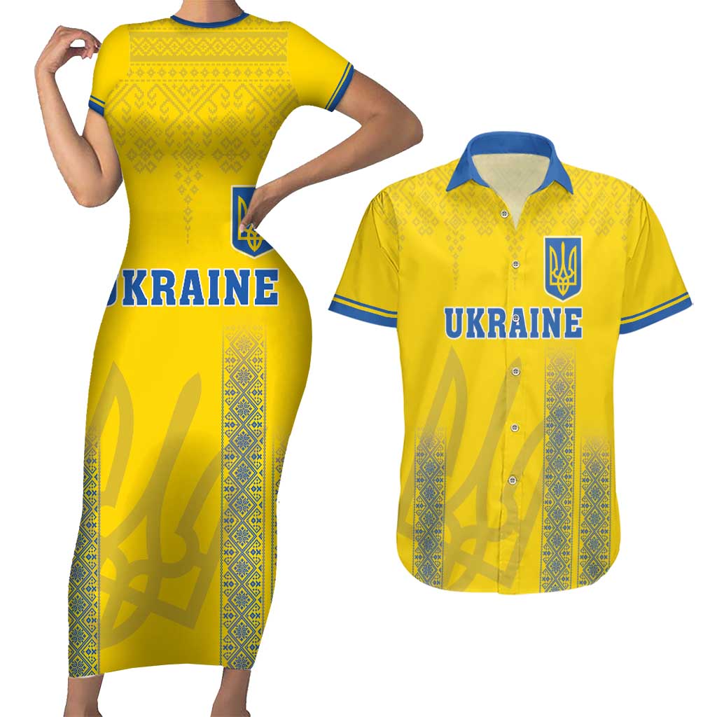 Custom Ukraine Football Couples Matching Short Sleeve Bodycon Dress and Hawaiian Shirt Come On Zbirna Yellow Version