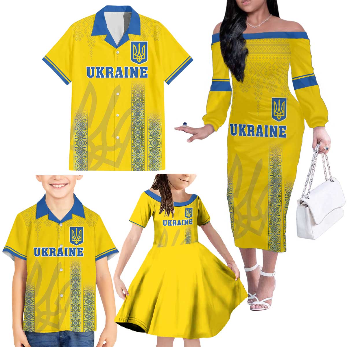 Custom Ukraine Football Family Matching Off The Shoulder Long Sleeve Dress and Hawaiian Shirt Come On Zbirna Yellow Version